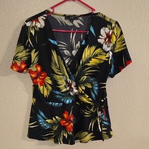 Black and Red Wrap Blouse with Short Sleeves